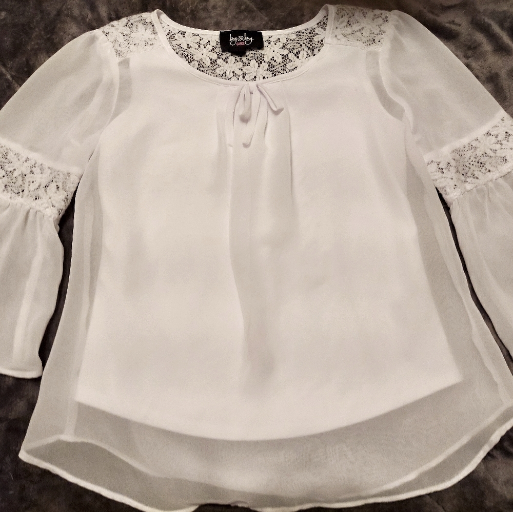 Girls sheer white blouse with lace inlay